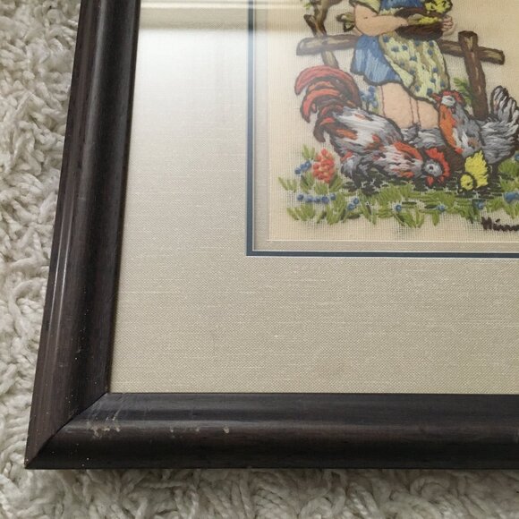 Handmade Girl Feeding Fowls Himmel Needlework Professionally Framed - Picture 9 of 12